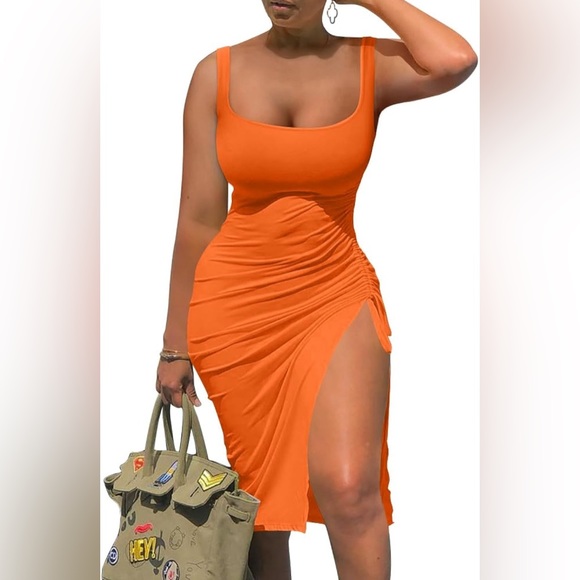 NWT Summer Sexy Sleeveless Side Split Bodycon Ruched Midi Tank Dress - Picture 1 of 1